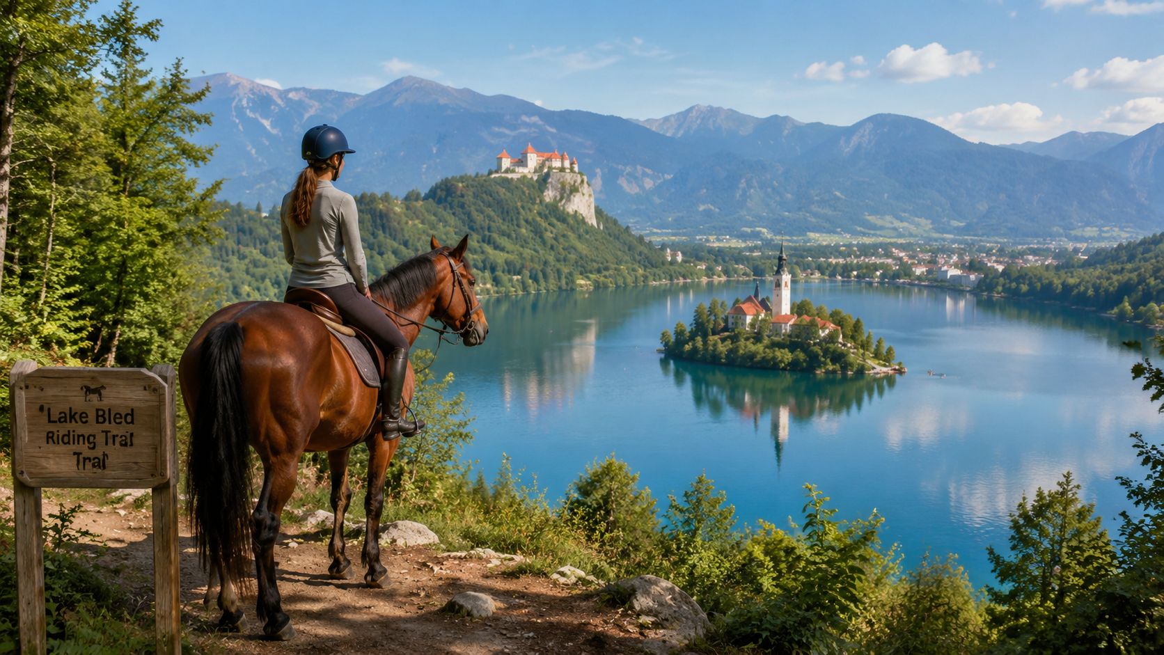 A horseback rider overlooking the scenic Lake Bled in Slovenia with its iconic island church and castle.