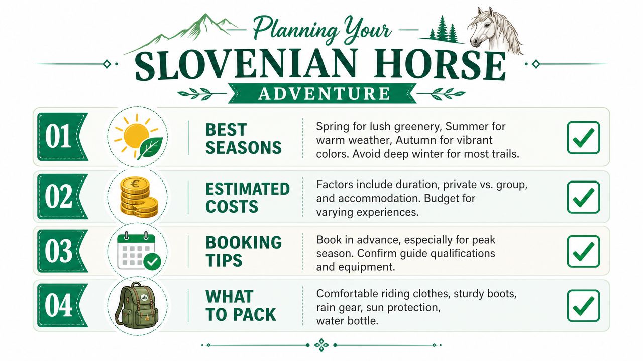A visual guide for planning a horse riding adventure in Slovenia featuring tips on seasons, costs, booking, and packing.