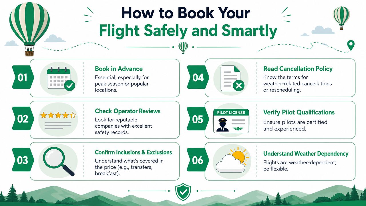 A helpful infographic outlining six essential tips for booking a hot air balloon flight safely and smartly.