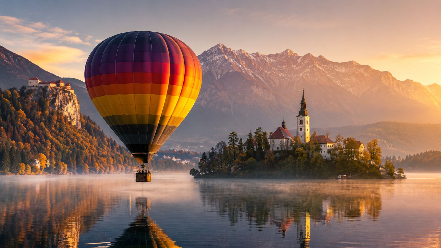 A colorful hot air balloon floats above a tranquil lake with a church on an island at sunrise.