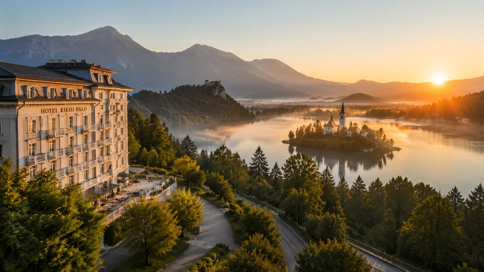 A scenic sunrise view of Hotel Rikli Bled overlooking the tranquil Lake Bled and its iconic church island.