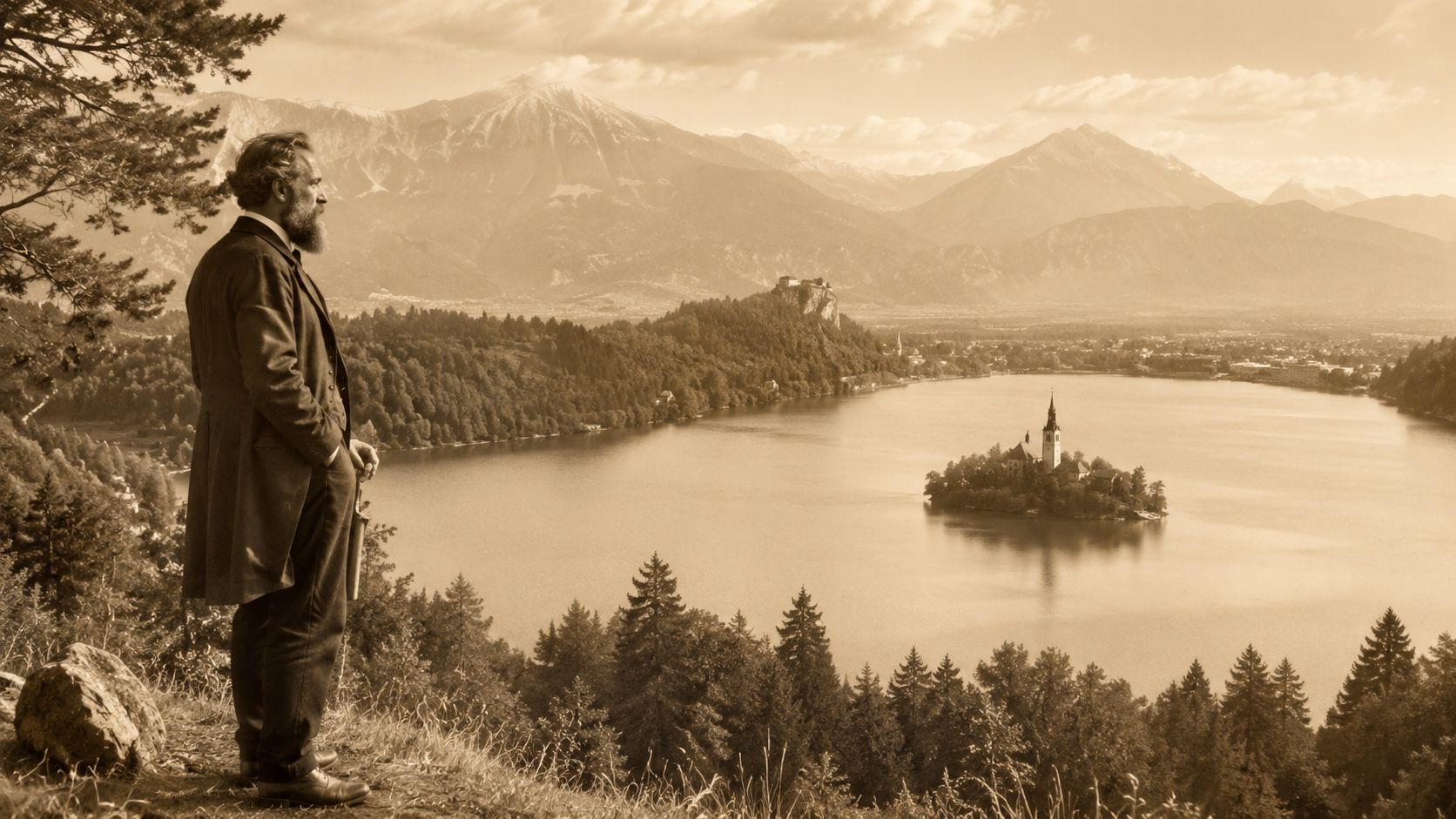 A bearded man in a vintage suit overlooks Lake Bled and its famous island church in Slovenia.