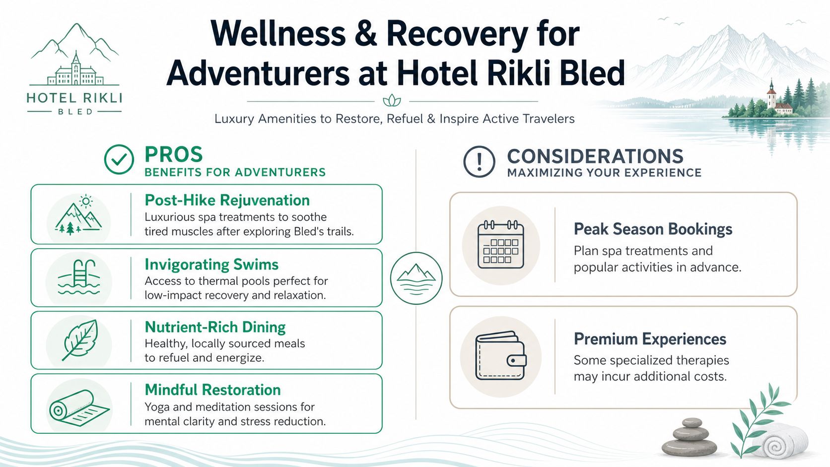 An infographic titled Wellness and Recovery for Adventurers at Hotel Rikli Bled highlighting spa, dining, and wellness amenities.