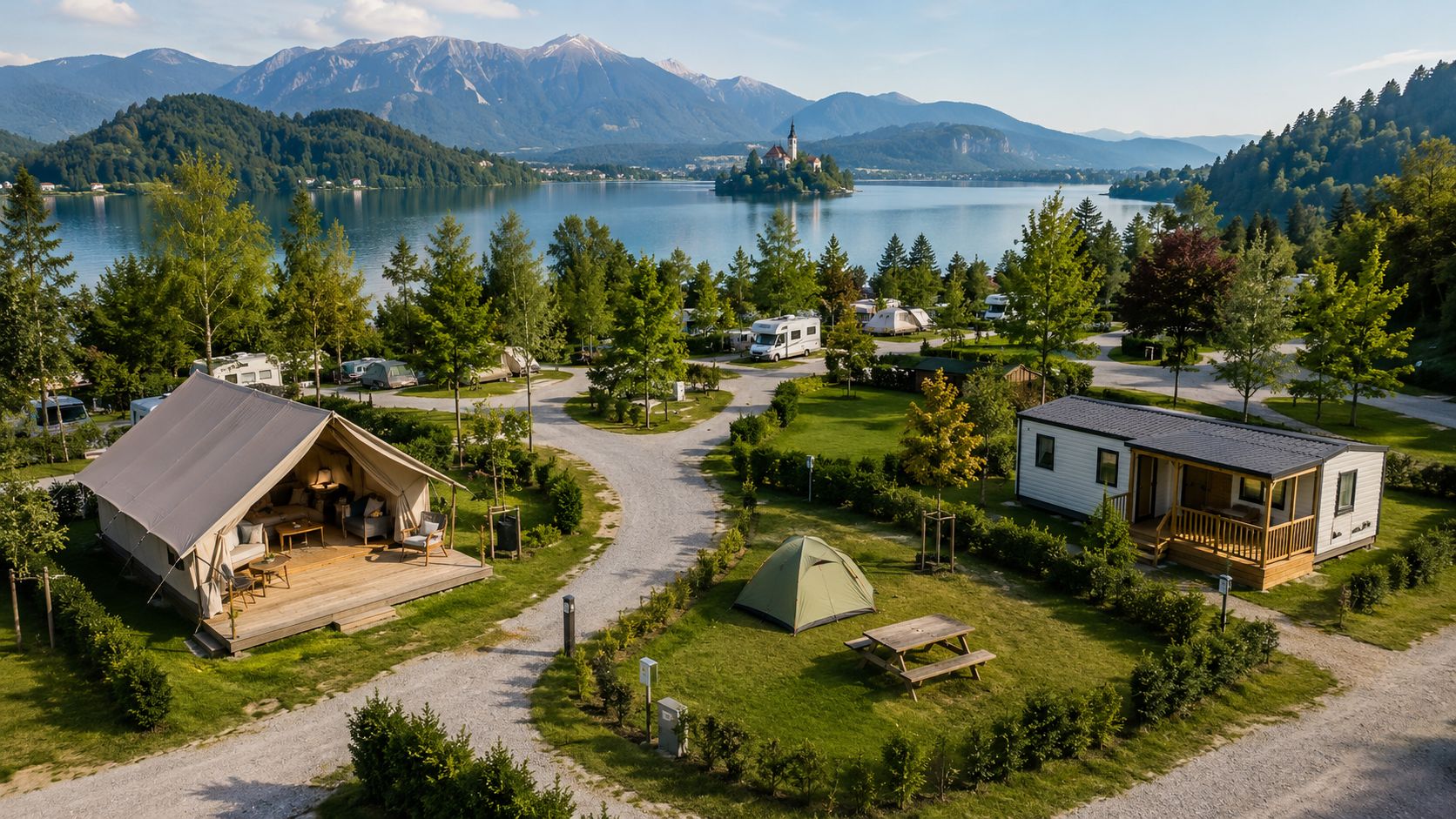 A scenic view of Lake Bled in Slovenia with a modern campsite in the foreground featuring tents and mobile homes.