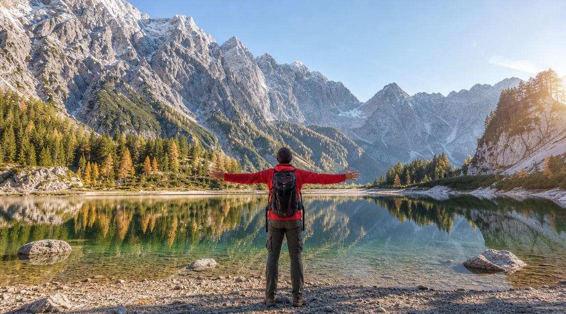 A hiker with a backpack standing by a serene mountain lake with arms outstretched towards the peaks.