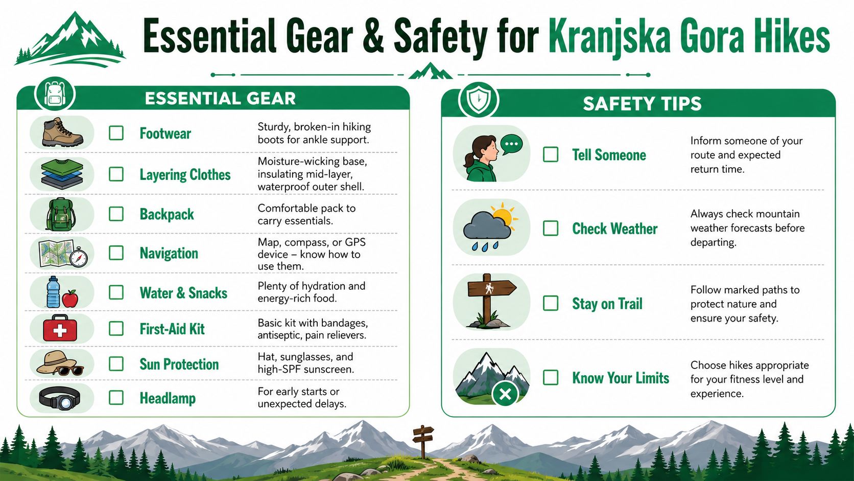 An infographic titled Essential Gear & Safety for Kranjska Gora Hikes detailing necessary supplies and safety recommendations.