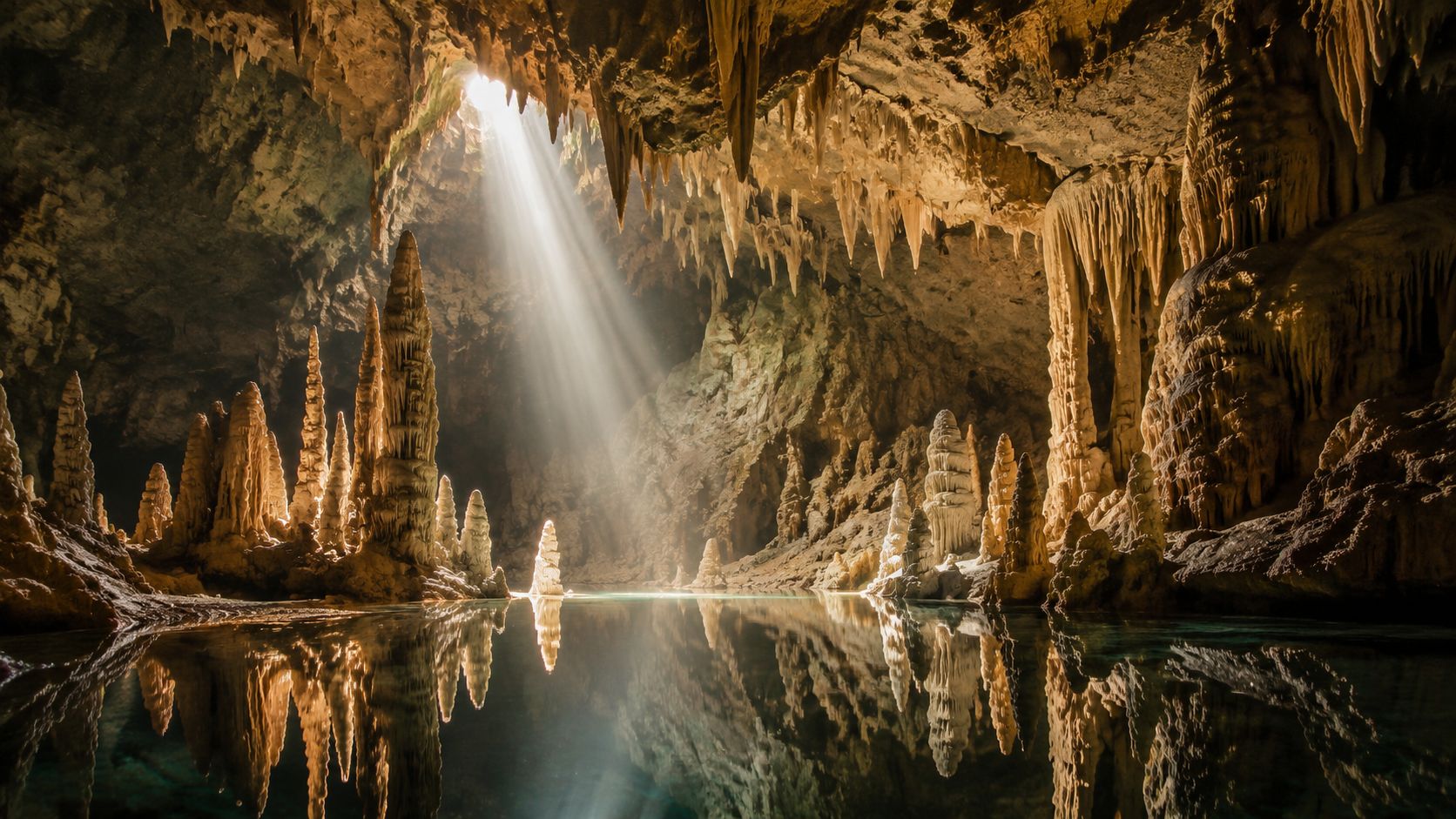 A breathtaking underground cavern featuring dramatic stalagmites reflecting perfectly in a crystal clear subterranean pool.