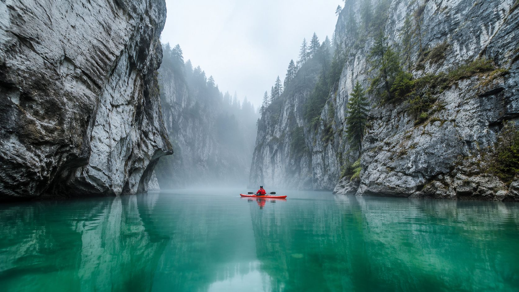 A lone kayaker in a red kayak paddles through the turquoise waters of a foggy canyon in Slovenia.