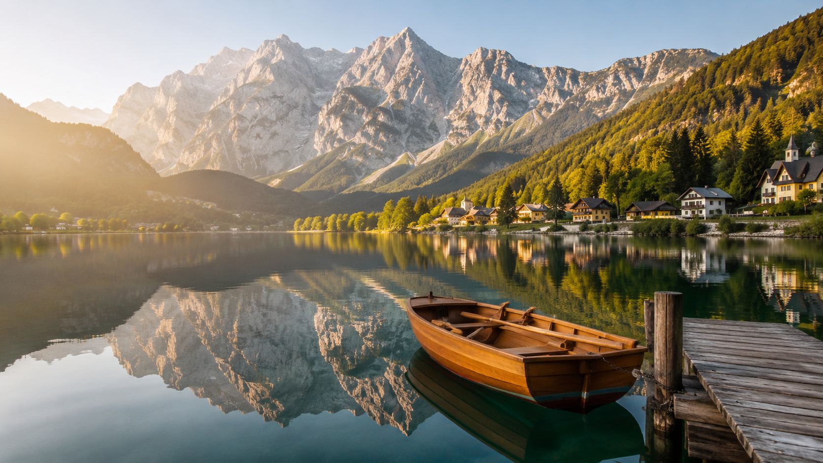 A scenic wooden rowboat moored to a dock on a calm lake reflecting dramatic Austrian mountains.