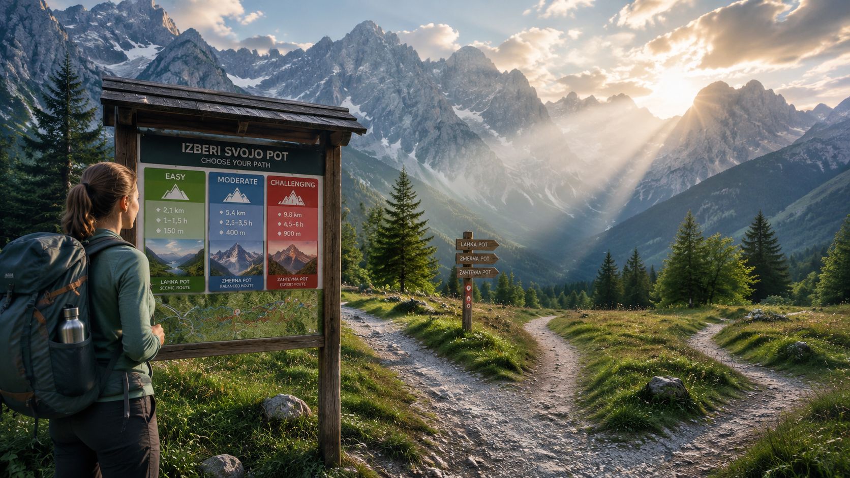 A hiker looking at a trail signpost with mountain route options in the scenic Slovenian Alps.