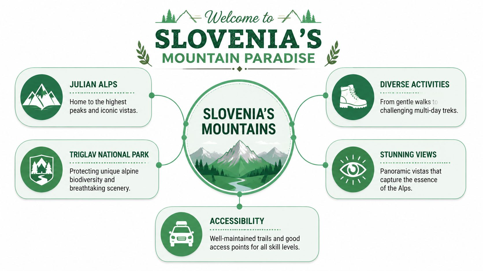 An infographic titled Welcome to Slovenia's Mountain Paradise highlighting various aspects of the Slovenian mountain landscape.