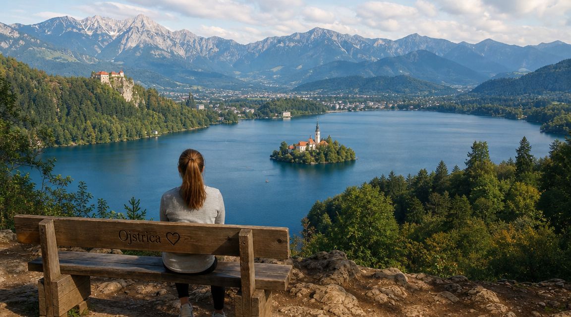 A woman sits on a wooden bench at Ojstrica overlooking Lake Bled and its iconic church island.