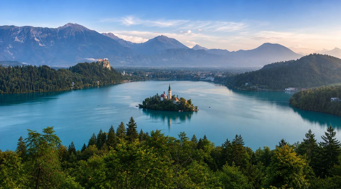 A scenic view of Lake Bled in Slovenia with its iconic island church and surrounding mountain landscape.