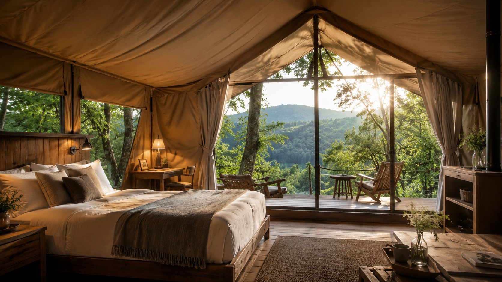 A luxurious tented glamping bedroom with an open view of a lush green forest landscape.
