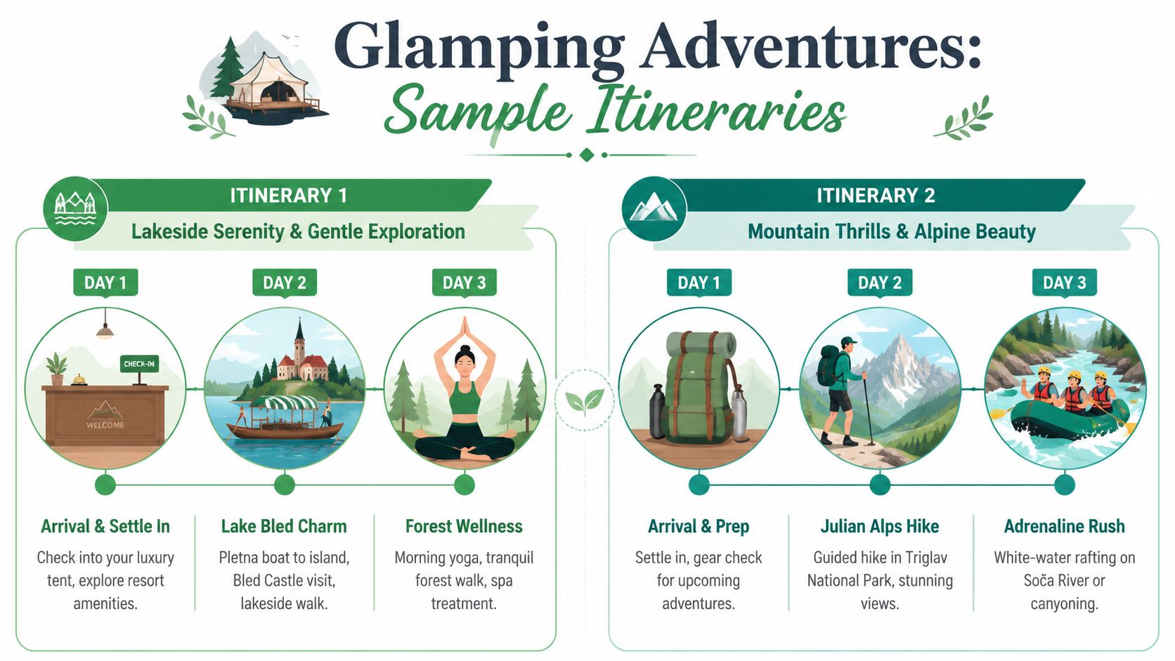 An infographic showing two sample glamping vacation itineraries, featuring activities like lake visits, hiking, and rafting.