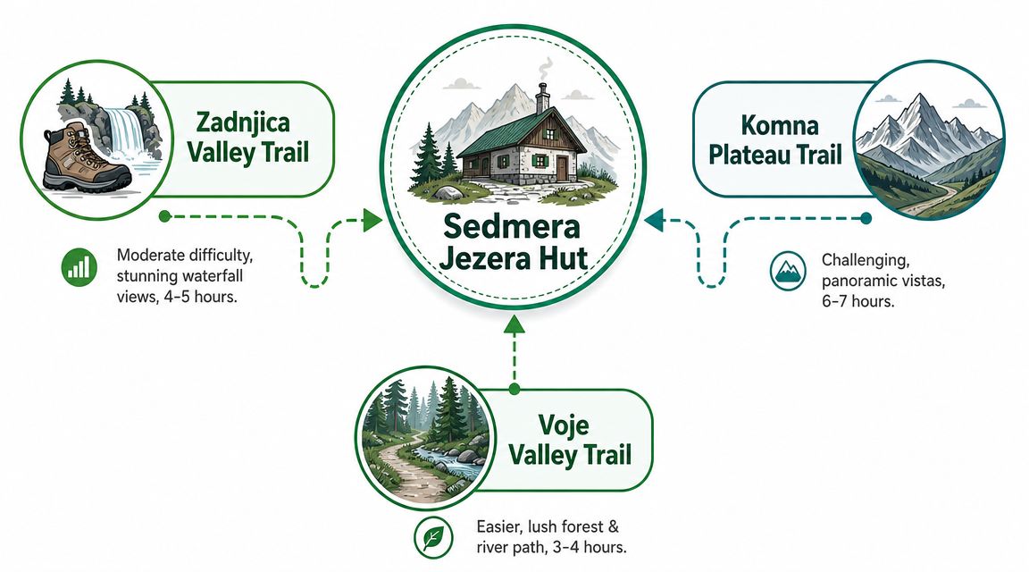A diagram illustrating three different hiking trails leading to the Sedmera Jezera mountain hut in Slovenia.