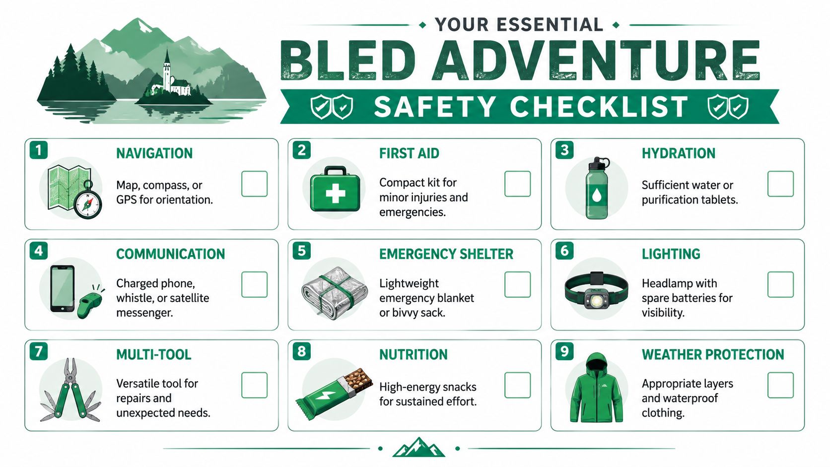 A safety checklist infographic for Bled adventures, showing essential gear items like navigation, first aid, and nutrition.