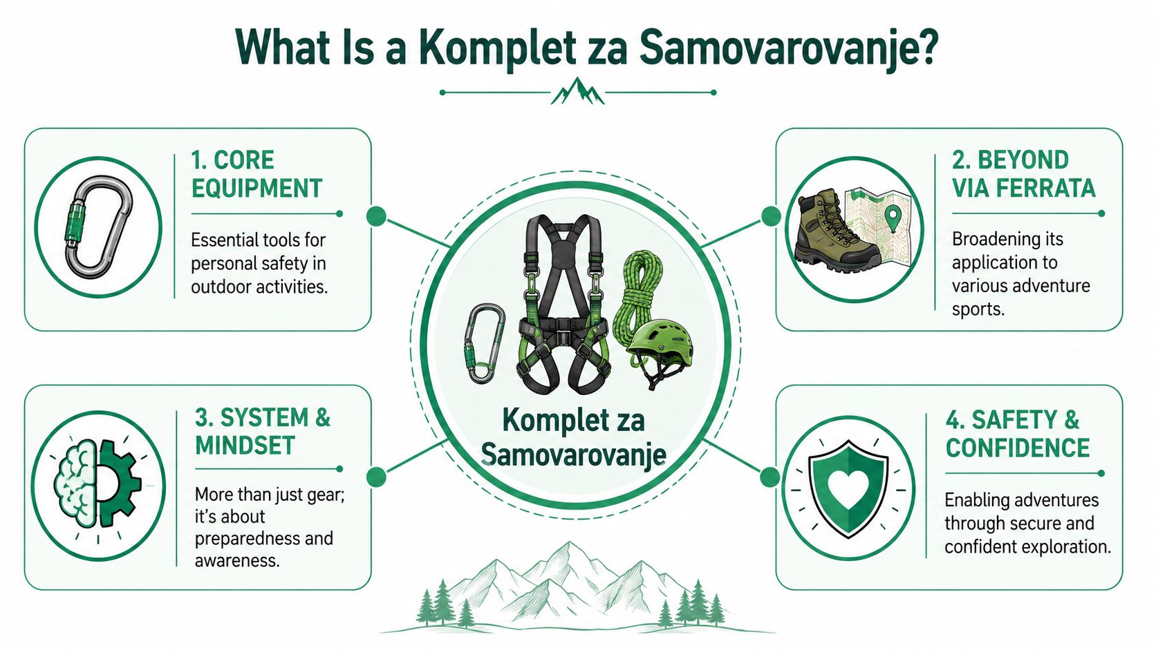 An infographic explaining the components and purpose of a via ferrata self-belaying safety set for mountaineering.