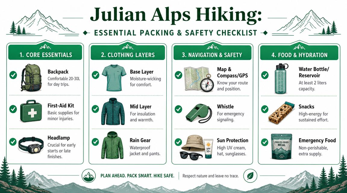 A comprehensive checklist for hiking in the Julian Alps, categorized into essentials, clothing, safety, and hydration.