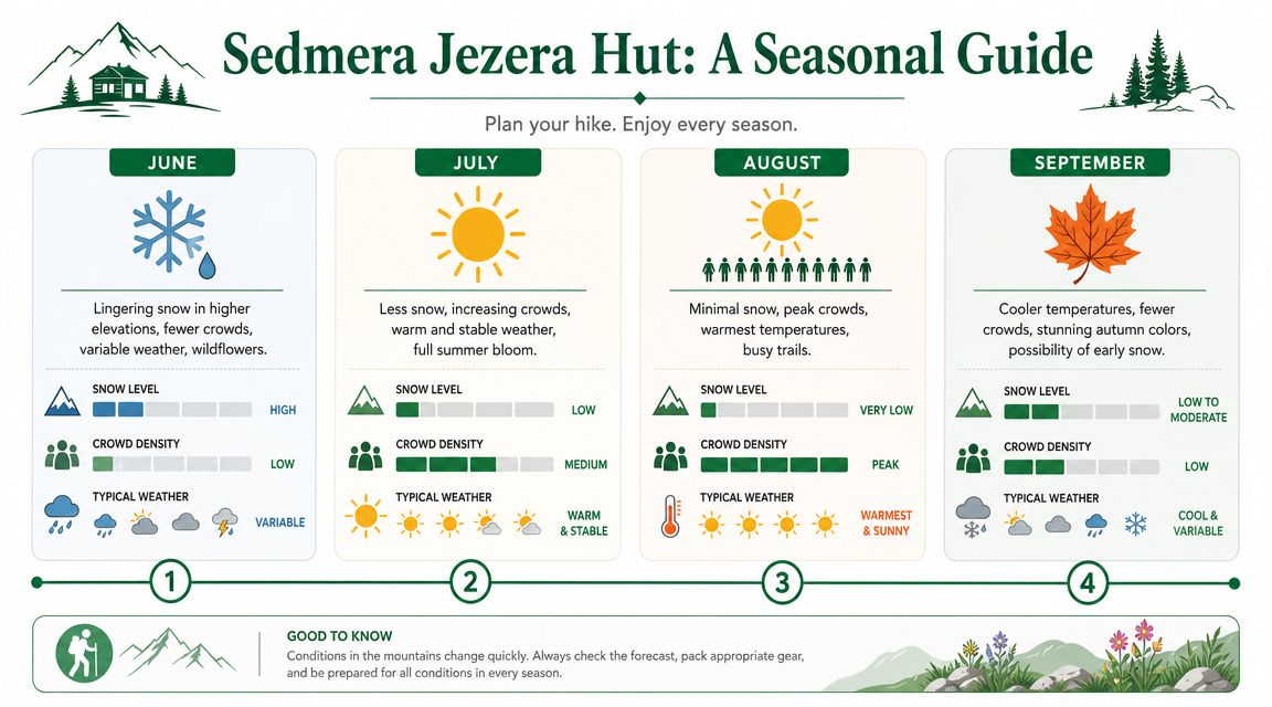 A seasonal guide infographic for hiking the Sedmera Jezera Hut, detailing weather, snow, and crowd conditions.