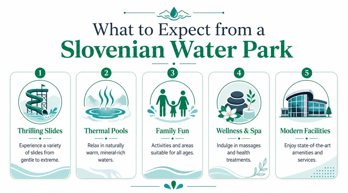 An infographic detailing five key features of Slovenian water parks including slides, thermal pools, family fun, and wellness.
