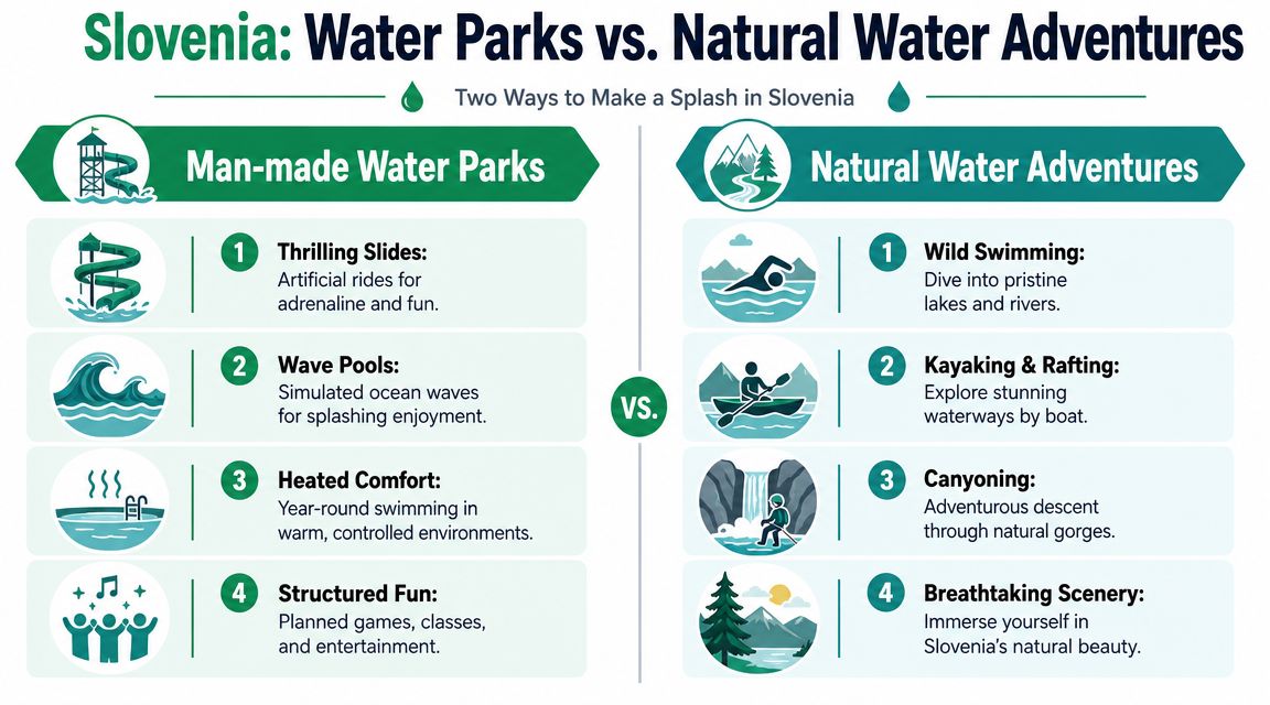 A comparison chart showing Slovenia's man-made water parks versus natural water adventure activities.