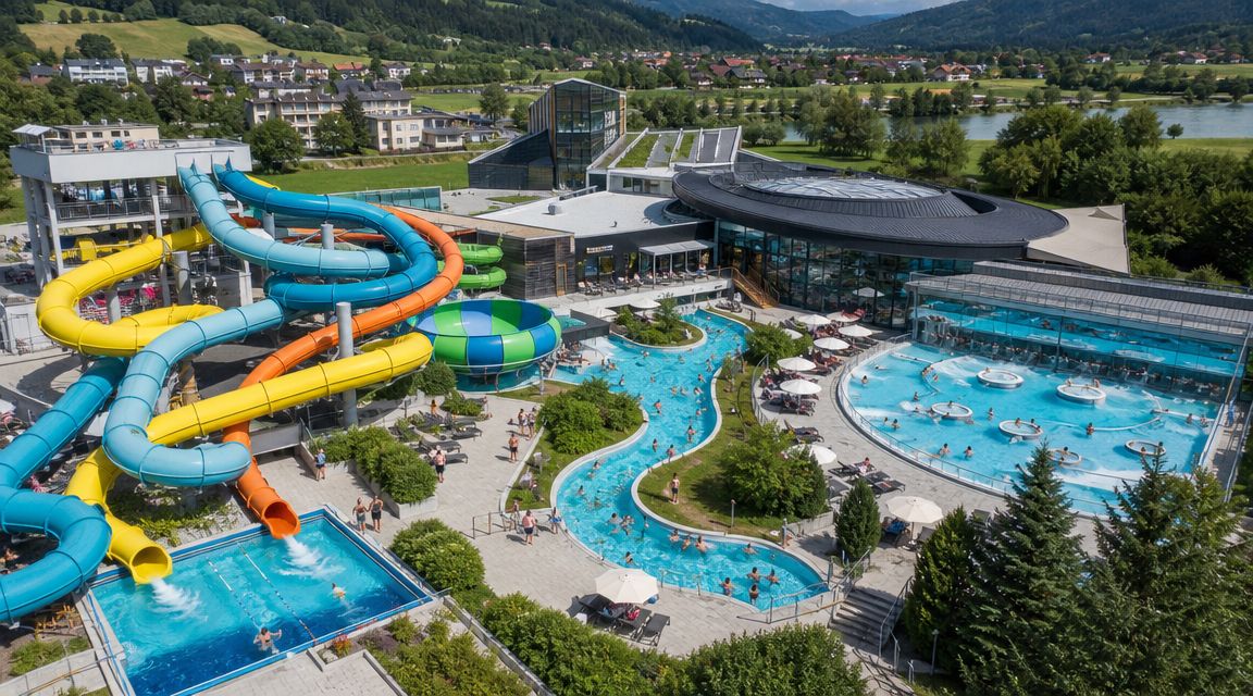 An aerial view of a large outdoor water park in Slovenia with slides, pools, and green surroundings.