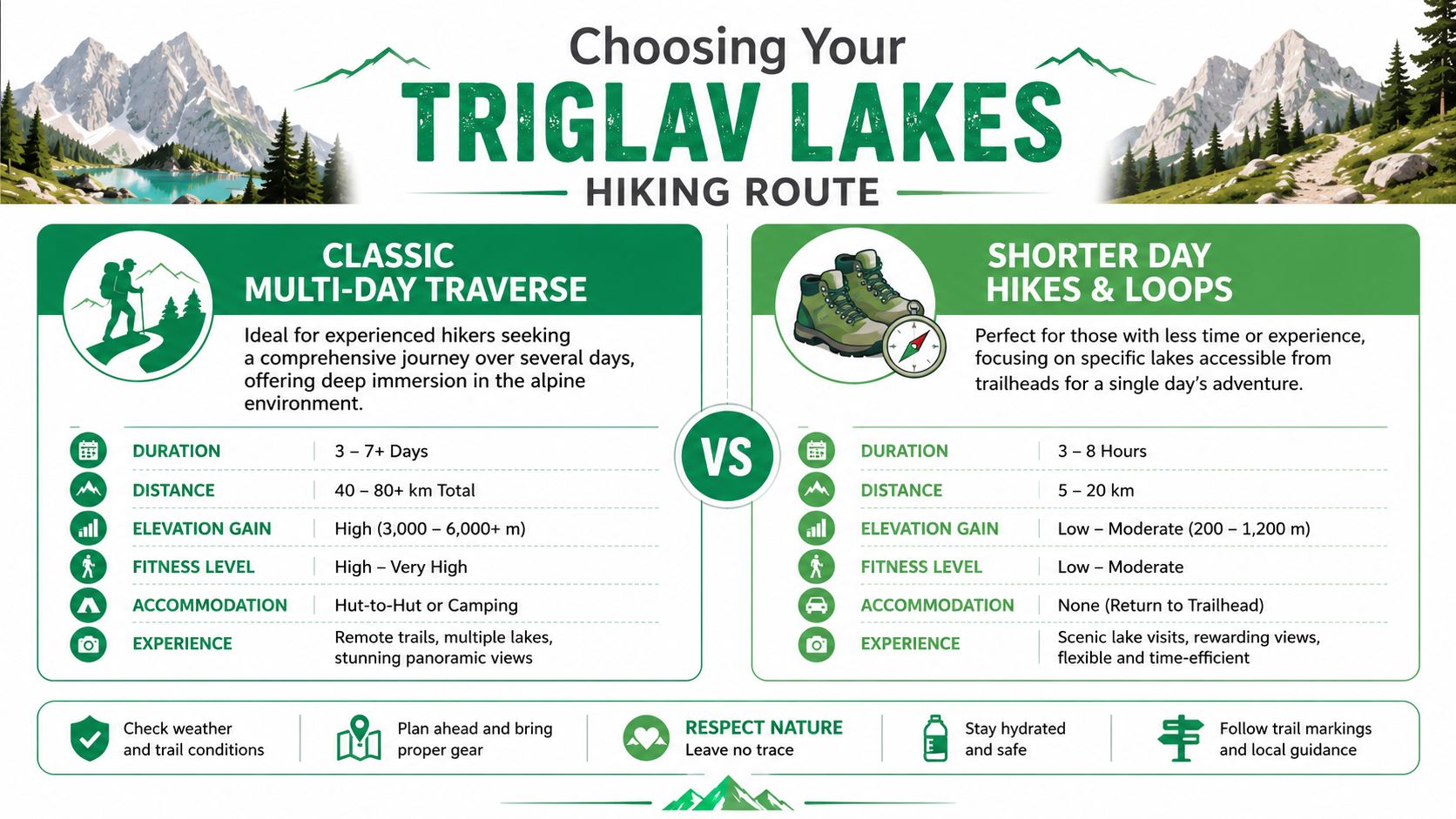 A comparison chart showing options for a multi-day hike versus a single day hike at Triglav Lakes.