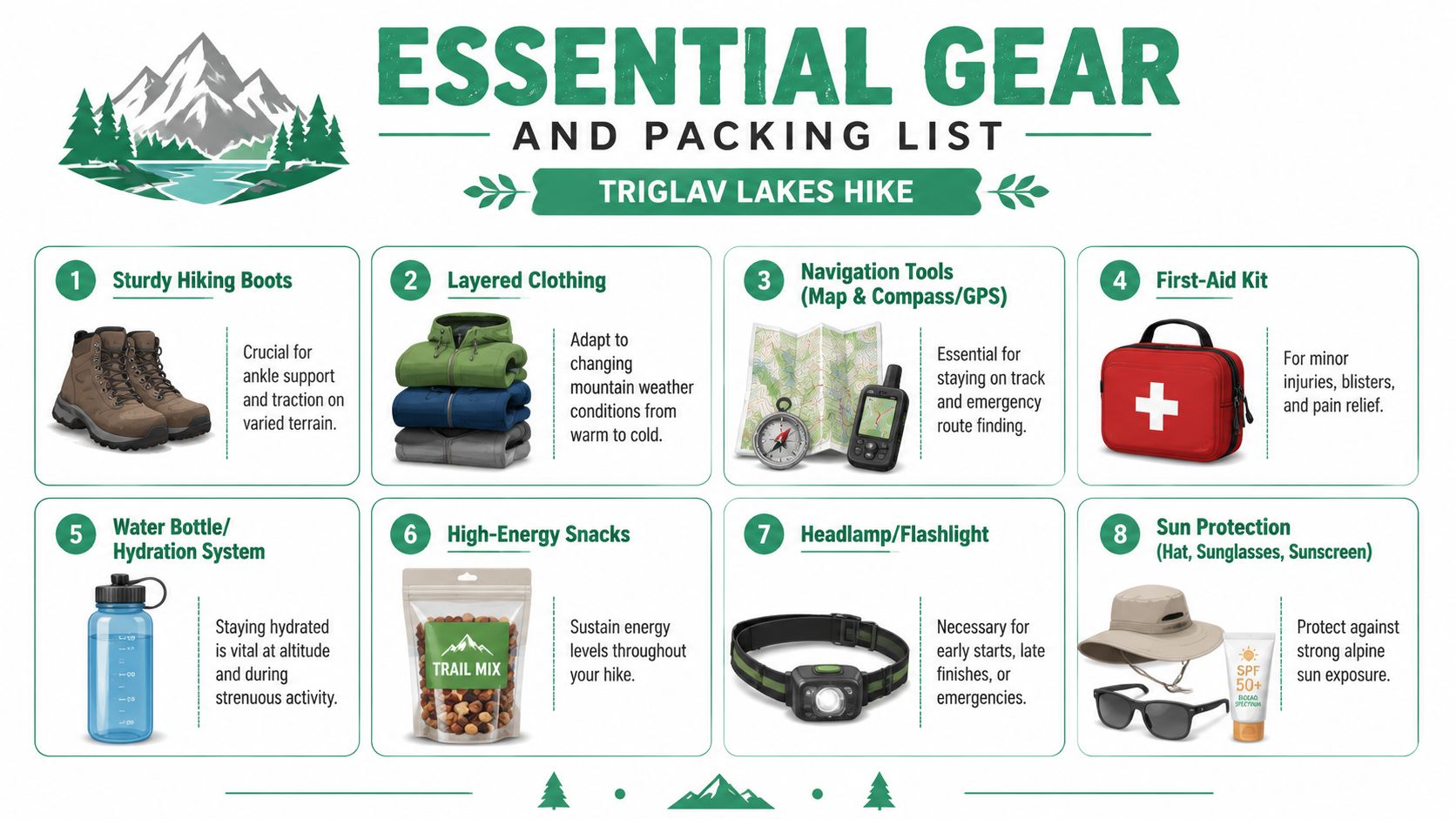 An infographic titled Essential Gear and Packing List for a Triglav Lakes hike, showcasing eight hiking necessities.