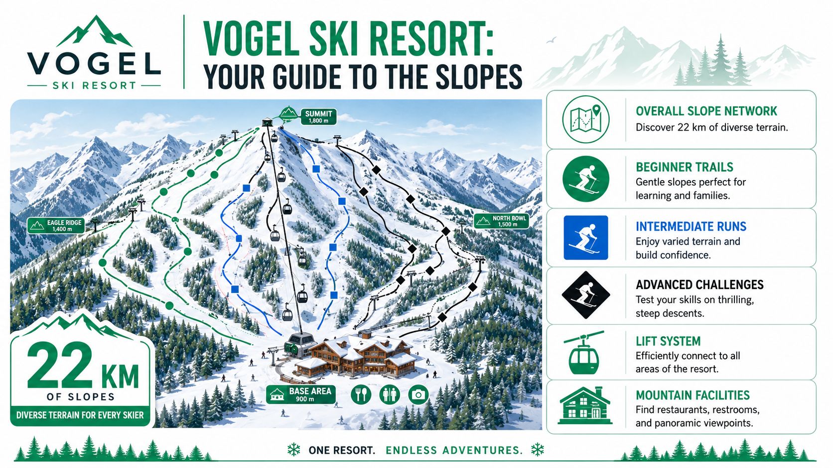 A map and guide for Vogel Ski Resort displaying slopes, summit elevations, and amenities for visitors.