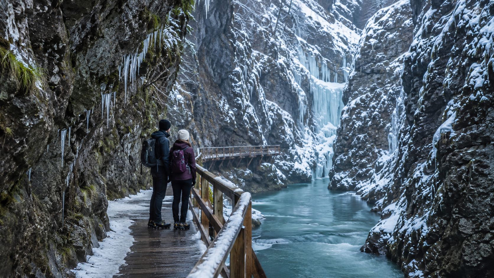 A couple hikes along a snowy wooden walkway through a scenic icy canyon with a frozen waterfall.