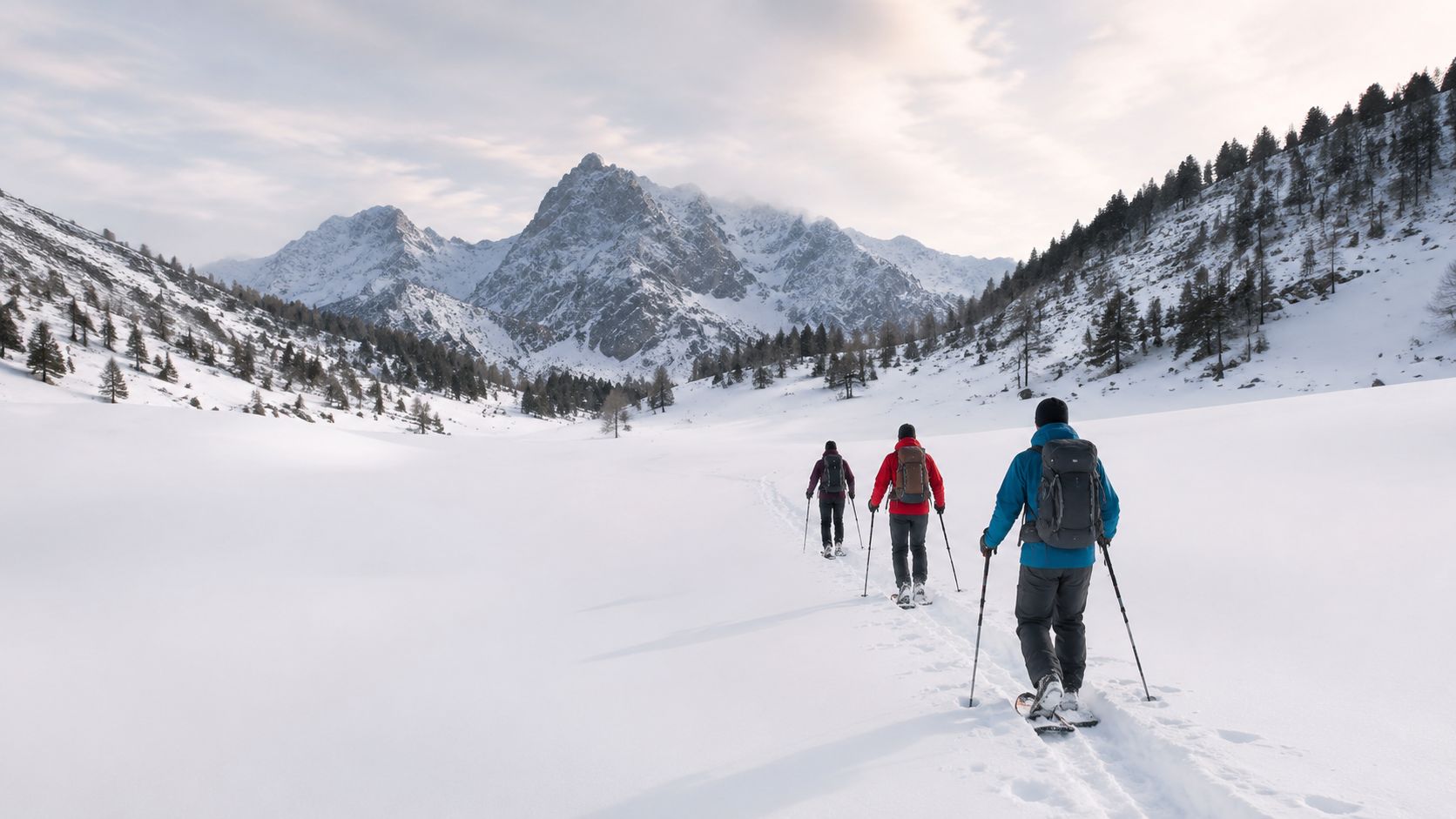 Three people snowshoeing in a snowy mountain valley towards a large, snow-covered mountain peak.