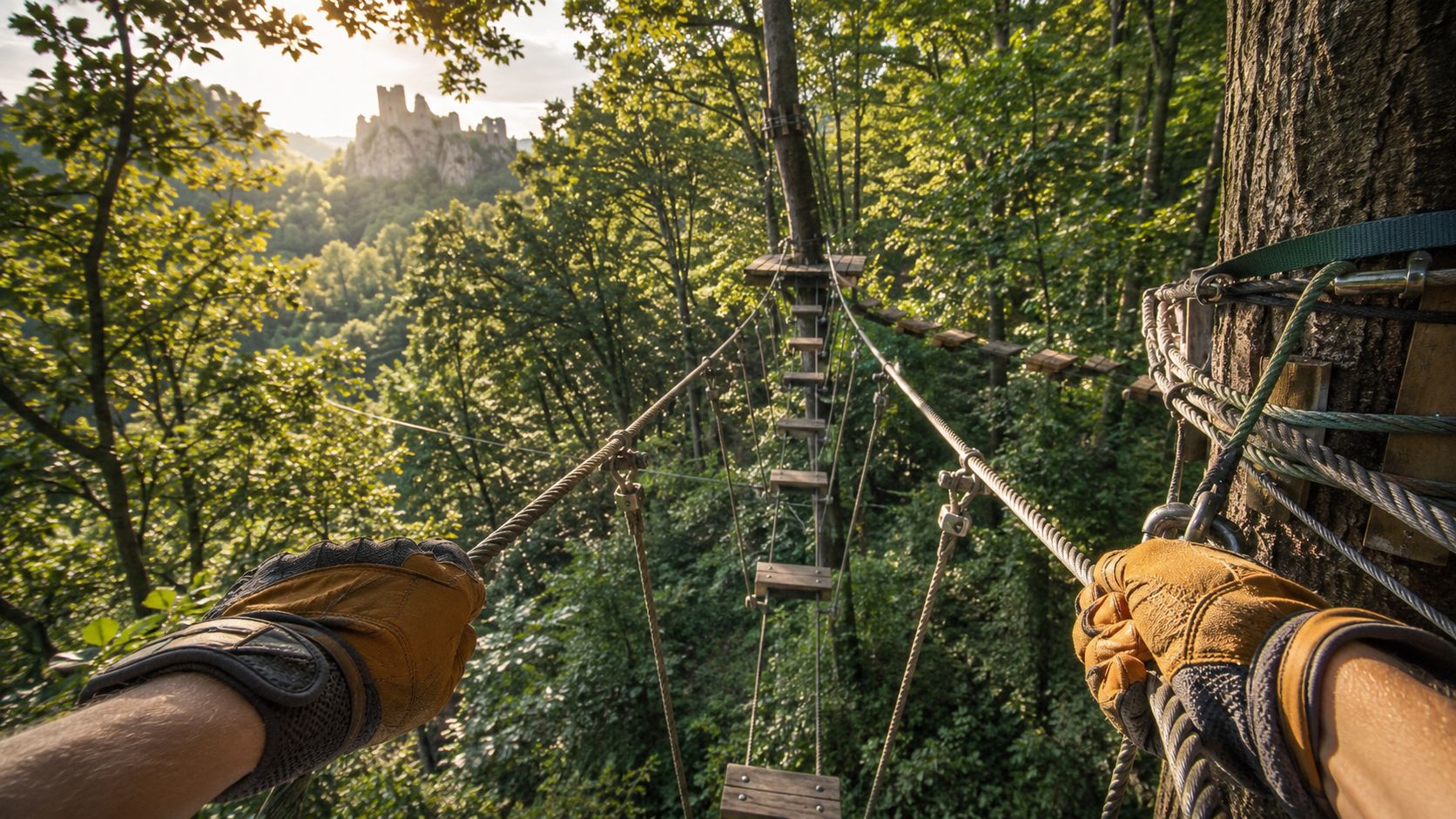 A first-person view of someone wearing gloves navigating a high ropes adventure park course in the forest.