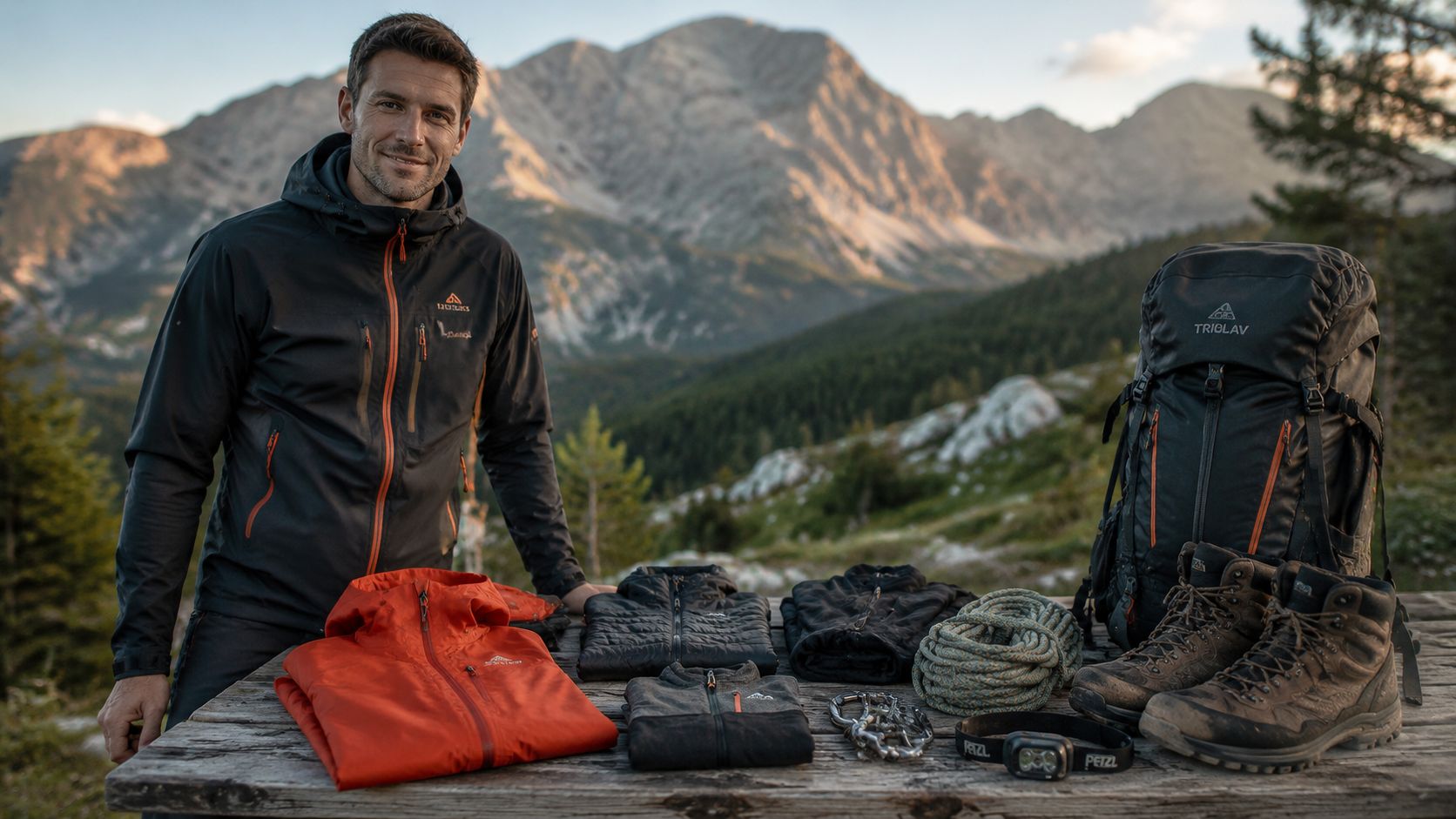 A smiling climber stands beside a wooden table with hiking gear and equipment in the mountains.