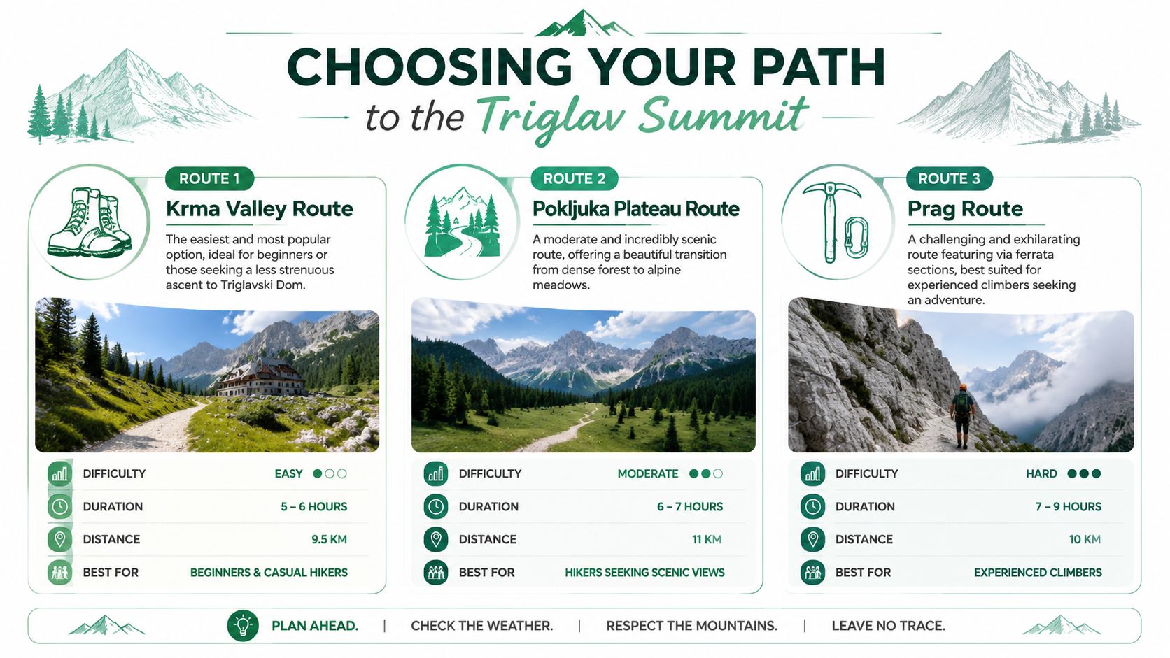 An infographic comparing three hiking routes to the Triglav Summit with difficulty, duration, and distance details.