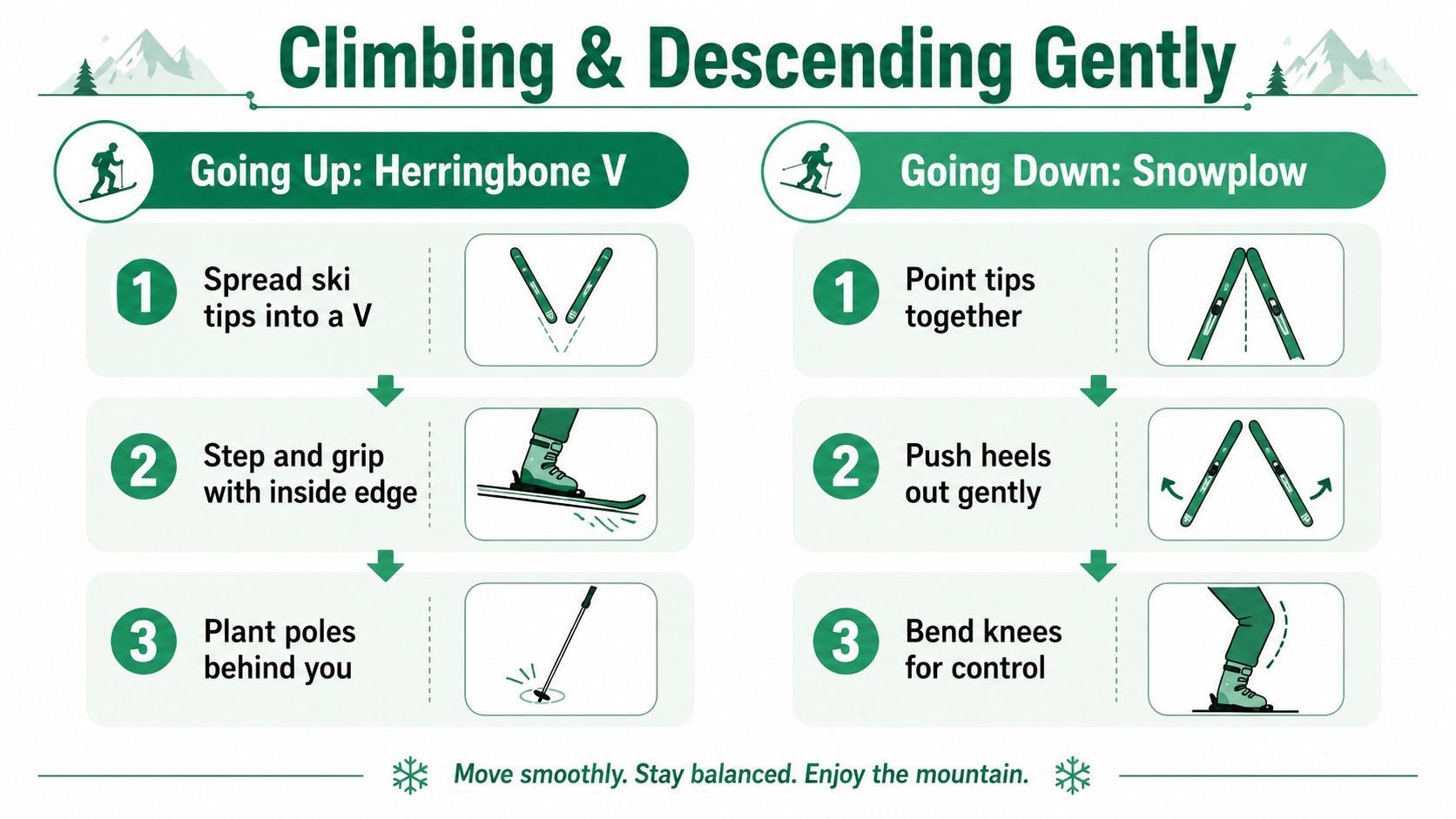 A helpful infographic showing step-by-step instructions for cross-country skiing, specifically how to climb and descend safely.