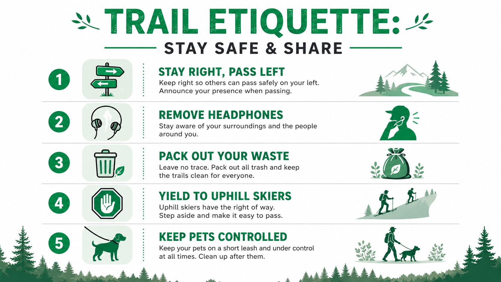 An infographic titled Trail Etiquette listing five rules for safety and sharing on outdoor trails.