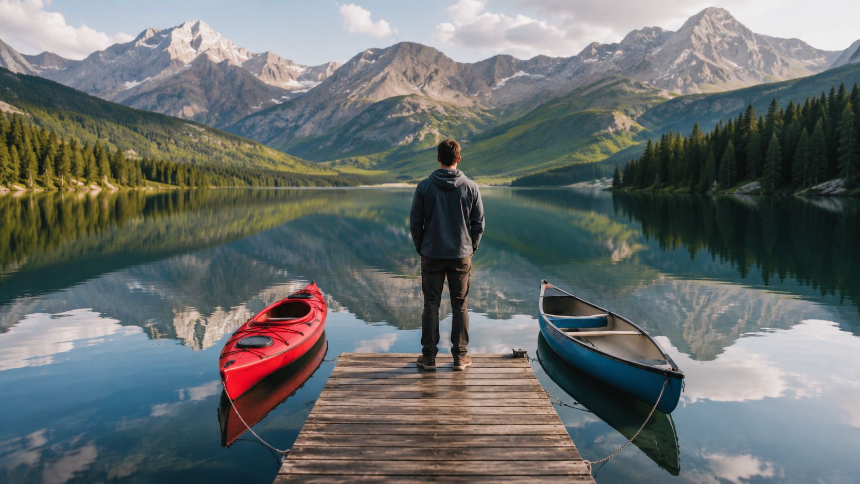 A person standing on a wooden dock between a red kayak and a blue canoe on a lake.