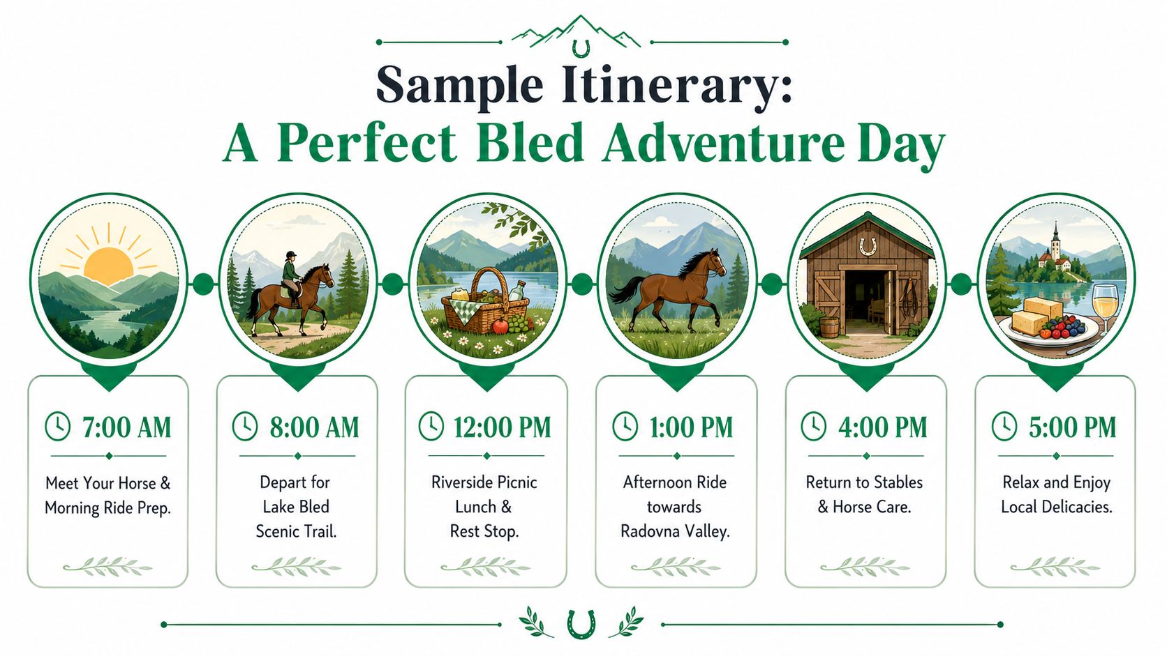 A colorful infographic showing a daily itinerary for a horse riding adventure trip around Lake Bled, Slovenia.