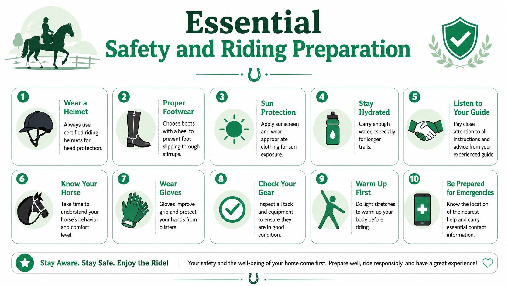 An infographic titled Essential Safety and Riding Preparation featuring ten numbered tips for safe horseback riding.
