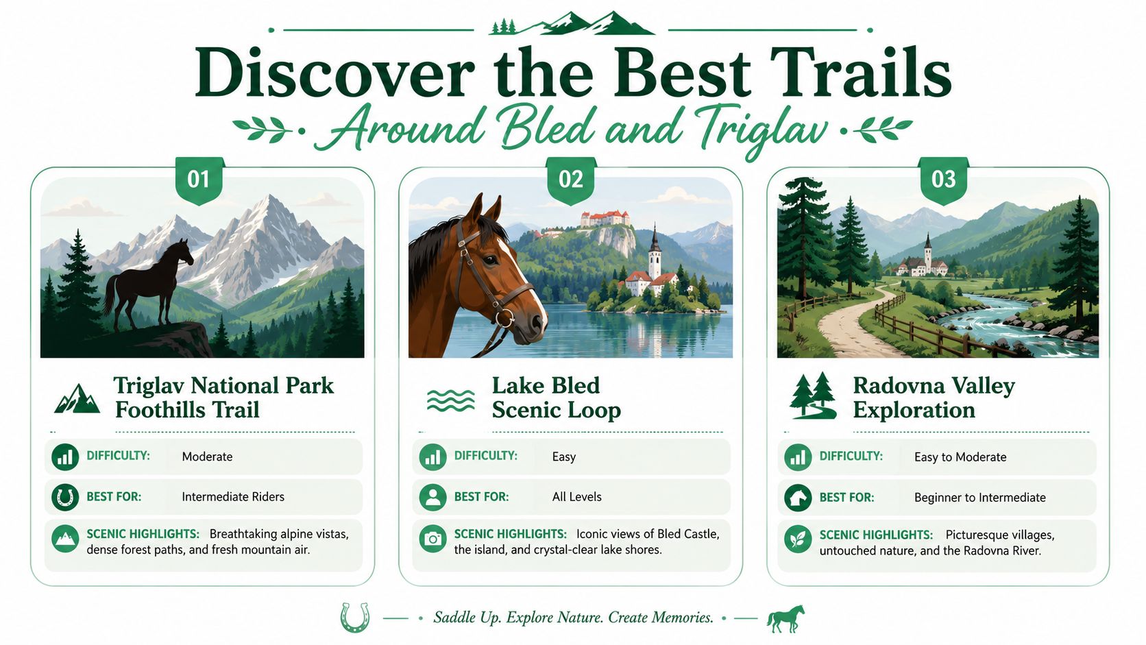 A travel infographic showcasing three recommended horseback riding trails around Bled and Triglav with scenic descriptions.