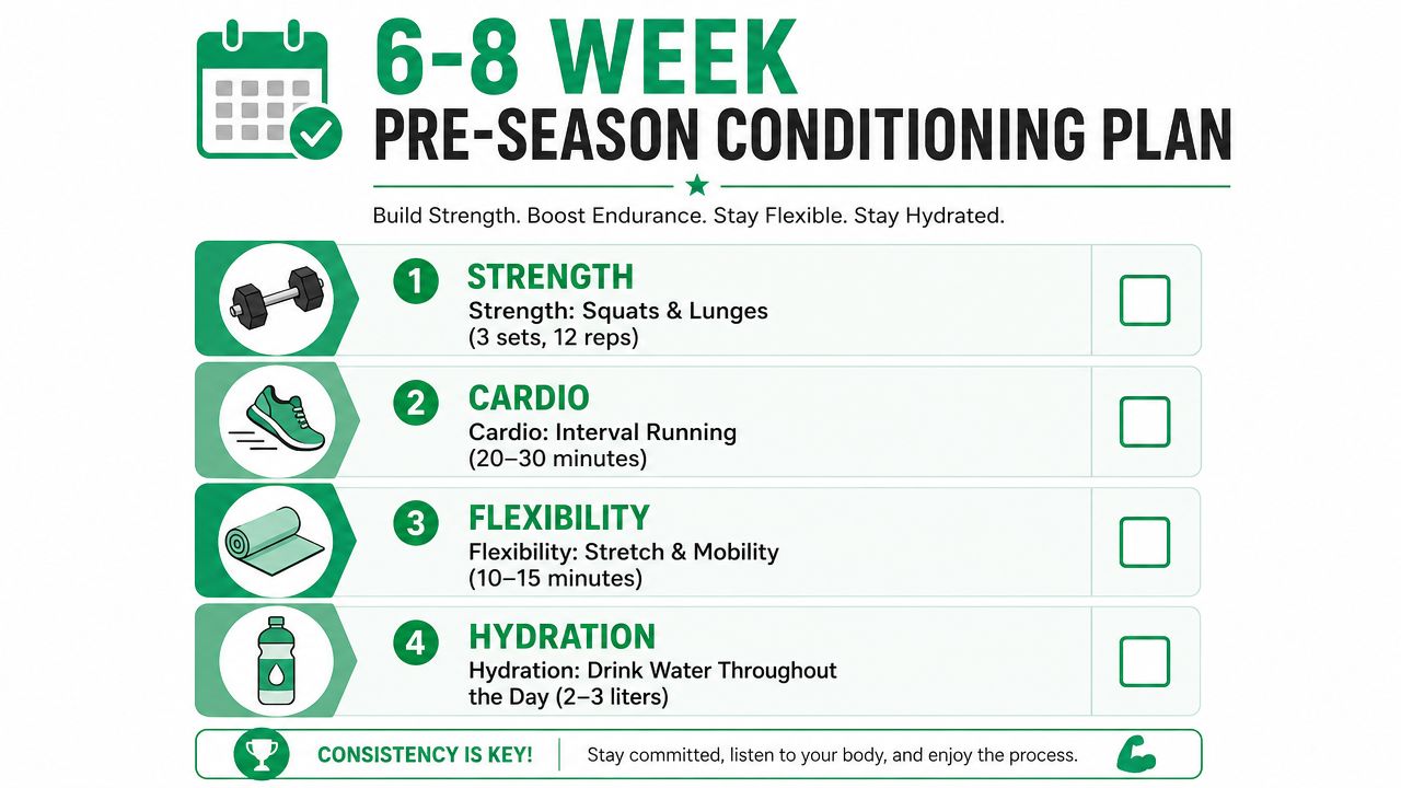 A 6-8 week pre-season conditioning plan chart outlining strength, cardio, flexibility, and hydration requirements for athletes.
