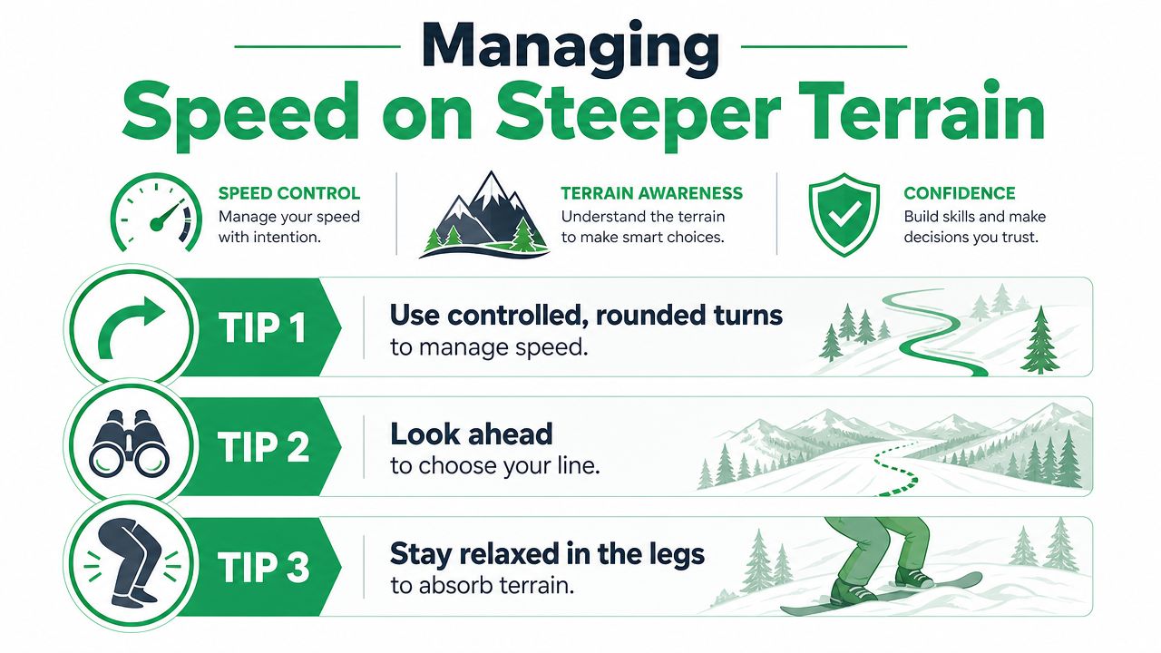 An infographic titled Managing Speed on Steeper Terrain featuring three skiing and snowboarding tips for better control.