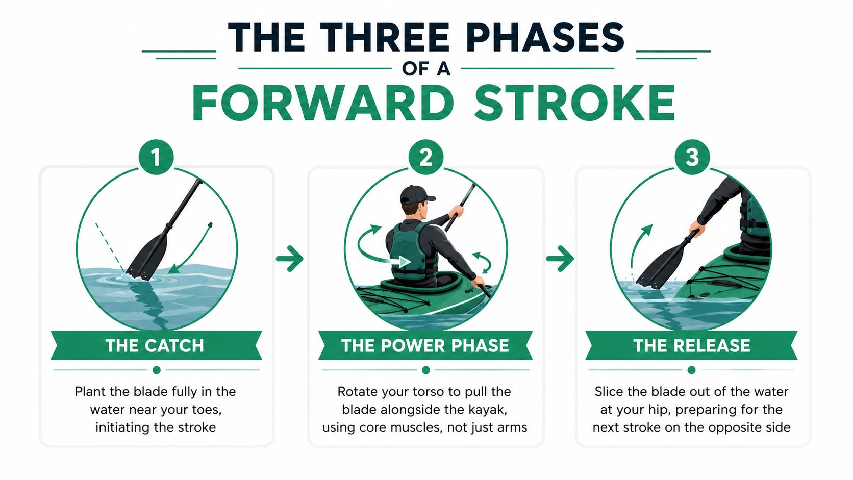 An infographic showing the three phases of a kayaking forward stroke: the catch, the power phase, and the release.