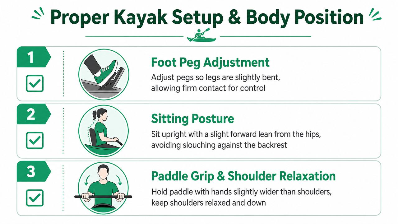 An infographic showing three steps for a proper kayak setup including foot pegs, posture, and paddle grip.