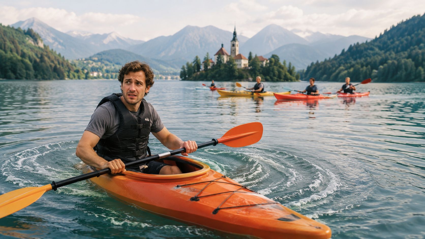 A man paddling an orange kayak on a serene lake with a church on an island backdrop.