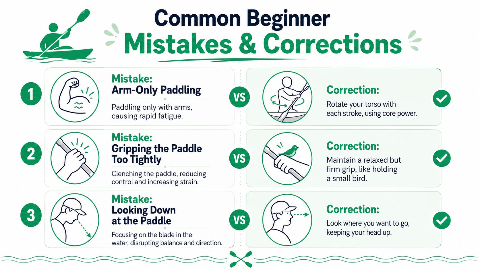 An infographic showing three common beginner kayaking mistakes and their corresponding corrections for proper paddling technique.