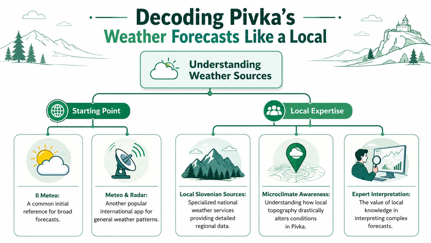 An infographic titled Decoding Pivka's Weather Forecasts Like a Local, showing how to interpret weather sources.