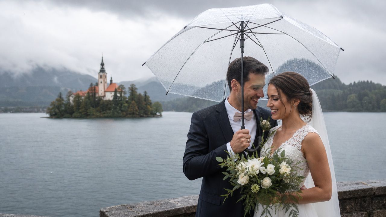 A newlywed couple shares a romantic moment under a clear umbrella by Lake Bled in Slovenia.