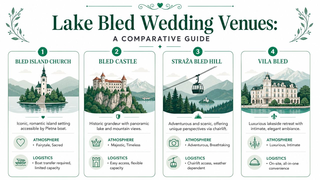 A comparative guide infographic presenting four distinct wedding venue options available at Lake Bled, Slovenia.